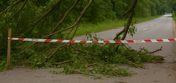 Pakibęs medis virš kelio Kalviuose pašalintas panaudojus pjūklą