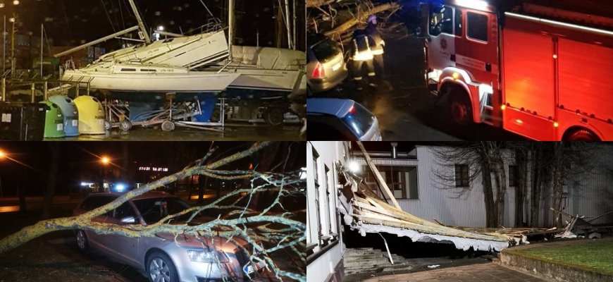 Vaizdai po košmariškos nakties Lietuvoje: medžiai traiškė automobilius, griuvo statiniai. Rokiškio gaisrininkai kviesti 23 kartus (foto)